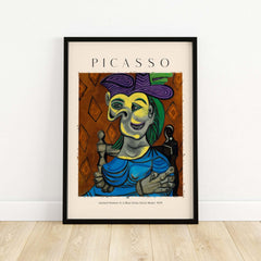 Picasso Seated Woman Blue Dress Dora Maar 1939 Art Print Cubist Portrait Poster showcasing vibrant colors and abstract features.