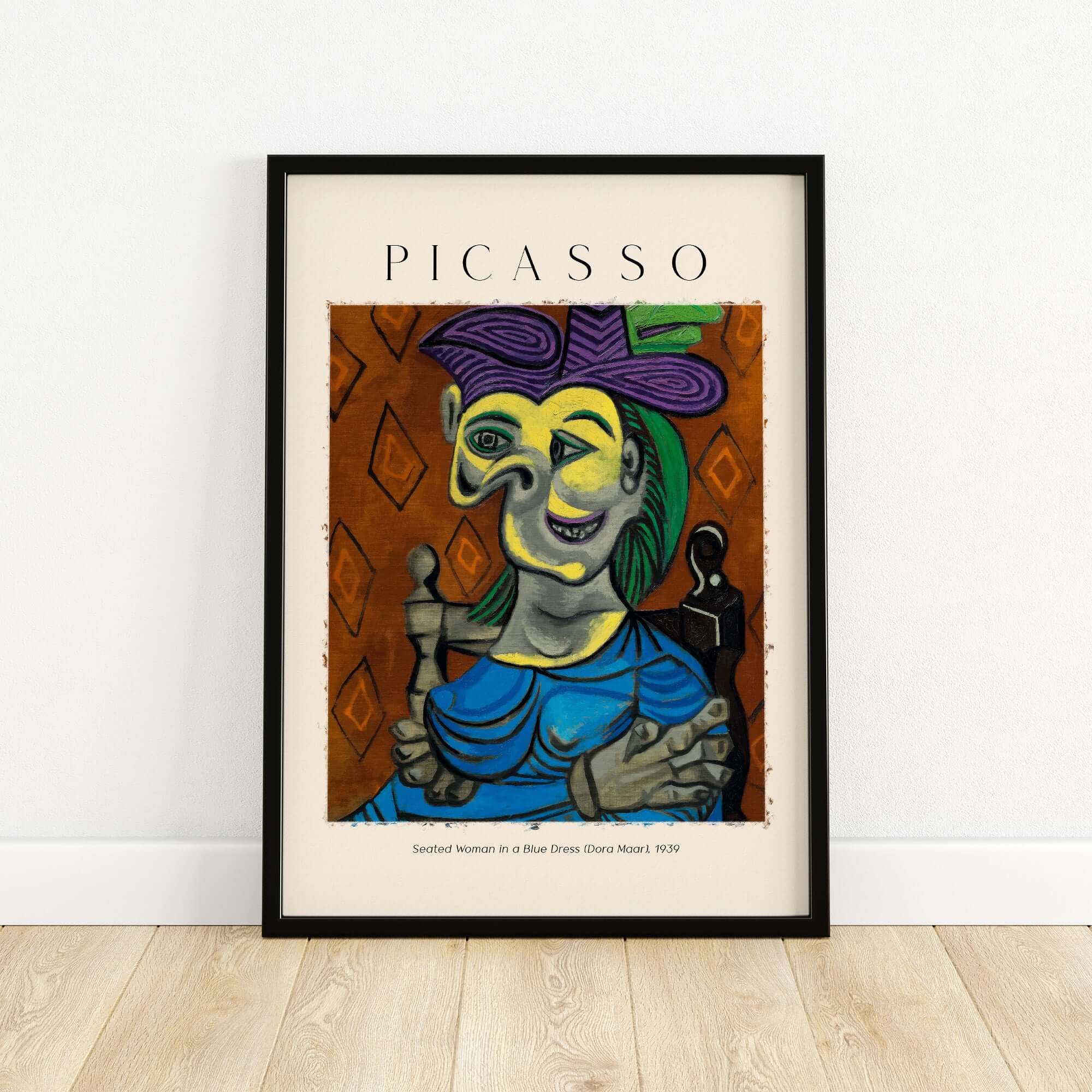 Picasso Seated Woman Blue Dress Dora Maar 1939 Art Print Cubist Portrait Poster showcasing vibrant colors and abstract features.