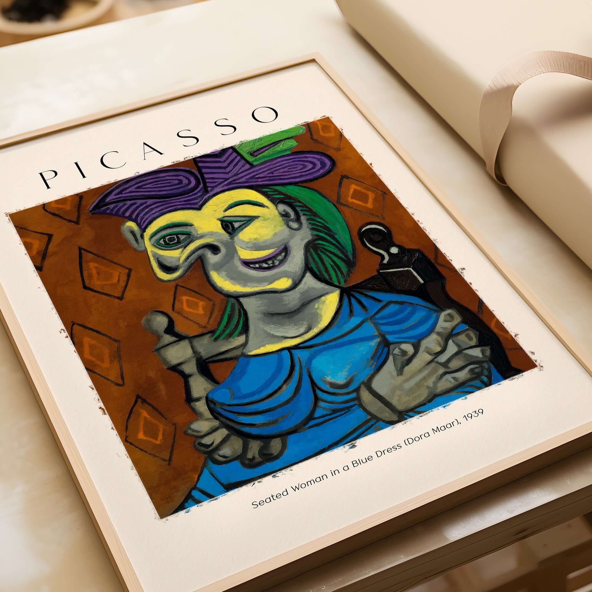 Picasso Seated Woman Blue Dress Dora Maar 1939 Art Print Cubist Portrait Poster featured in a framed art display.