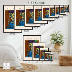 Size guide for Picasso Seated Woman Blue Dress Dora Maar 1939 Art Print Cubist Portrait Poster with various frame sizes.