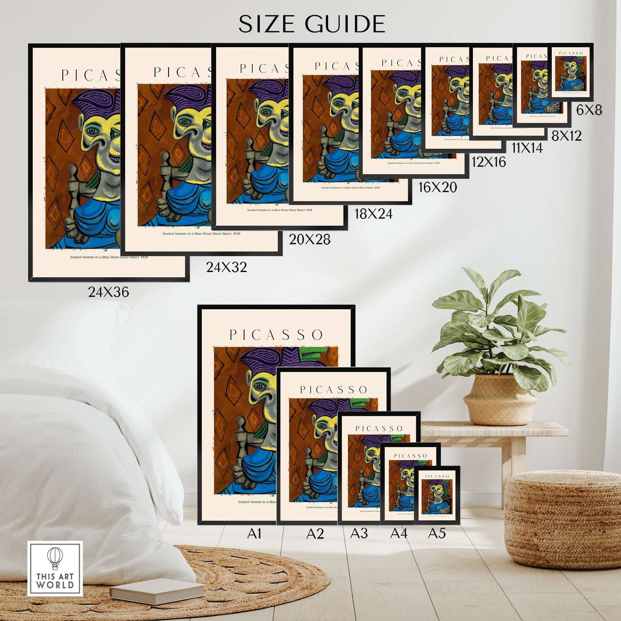 Size guide for Picasso Seated Woman Blue Dress Dora Maar 1939 Art Print Cubist Portrait Poster with various frame sizes.