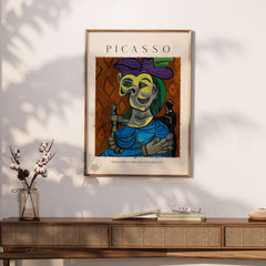 Picasso Seated Woman Blue Dress Dora Maar 1939 Art Print Cubist Portrait Poster displayed on a wooden table.