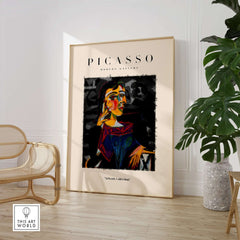 Picasso Seated Woman Cubist Portrait Art Print Modern Gallery Artwork Poster displayed in modern interior setting.