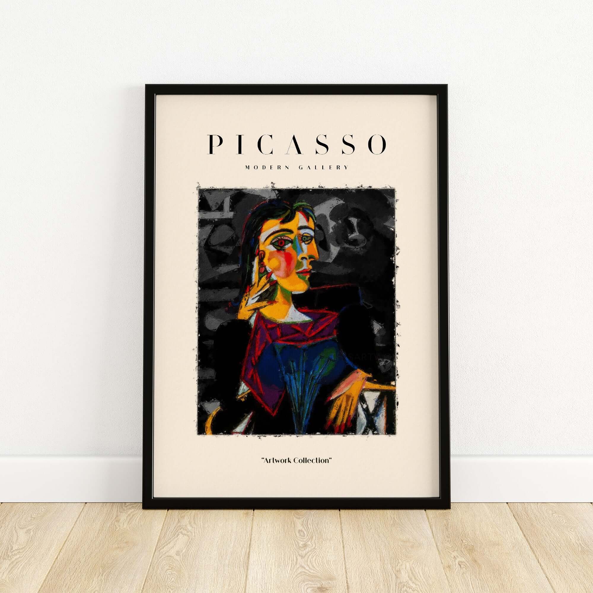 Picasso Seated Woman Cubist Portrait Art Print Modern Gallery Artwork Poster displayed on a wall.