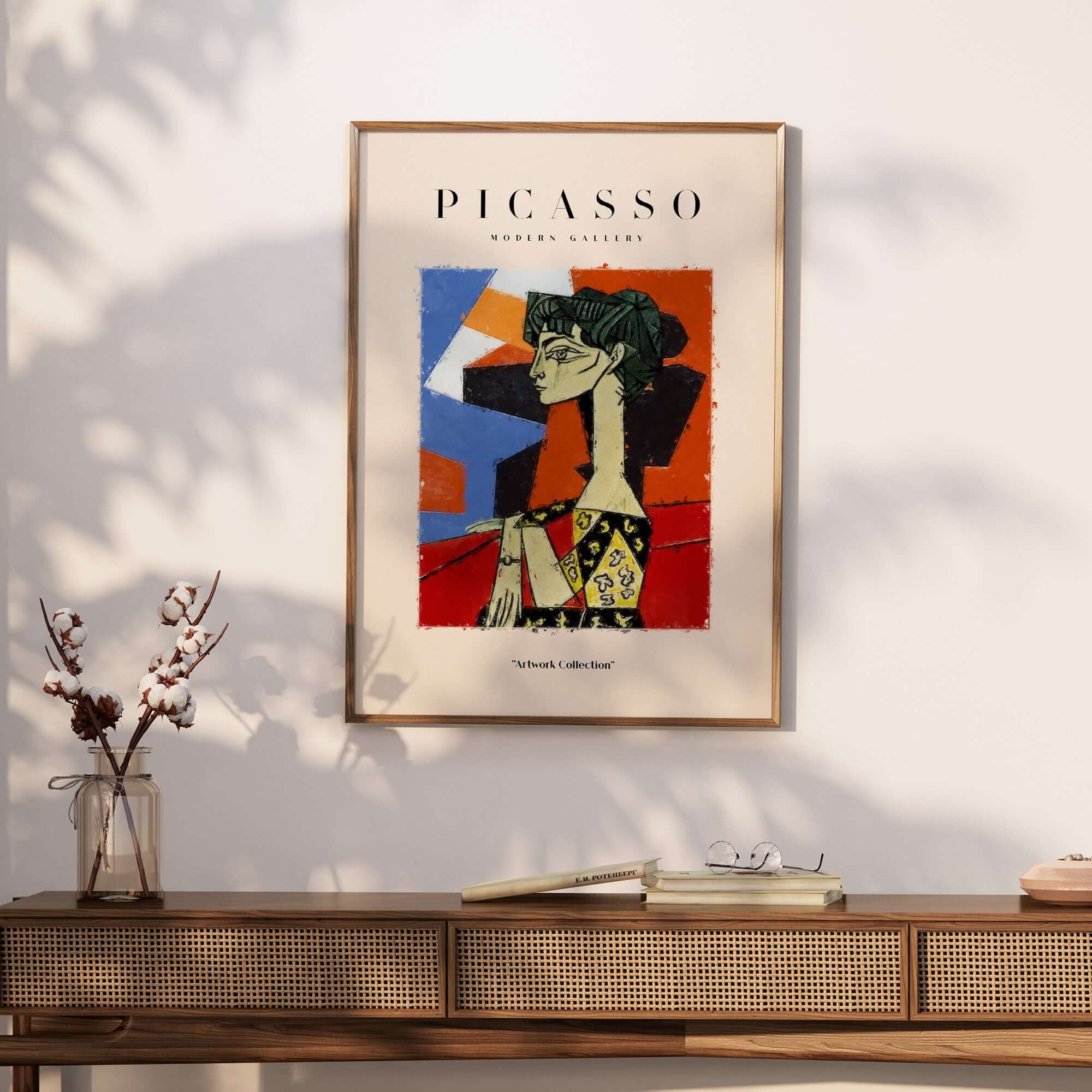 Picasso Seated Woman Profile Cubist Art Print Patterned Dress Poster Artwork Collection displayed on a wall.