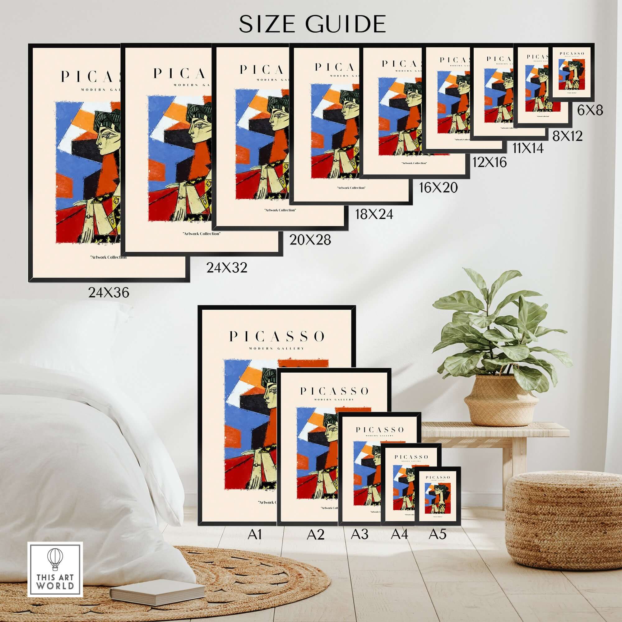 Size guide for Picasso Seated Woman Profile Cubist Art Print Patterned Dress Poster Artwork Collection