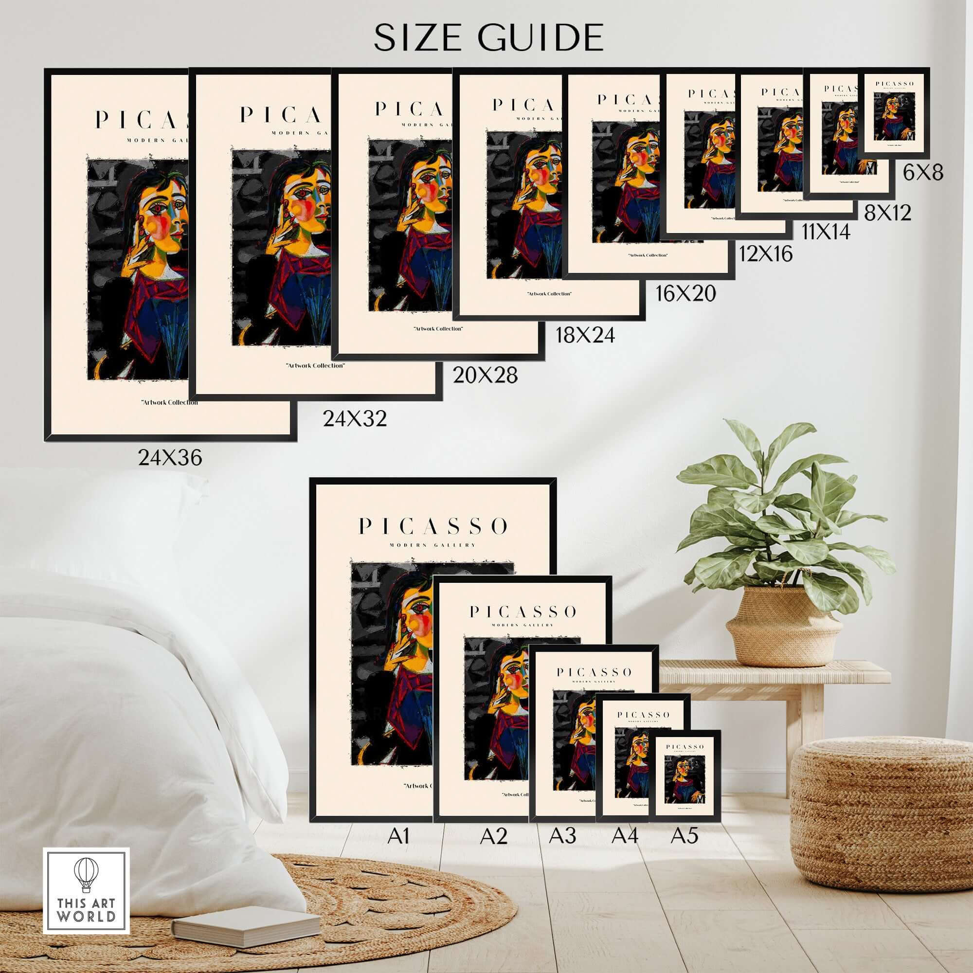 Size guide for Picasso Seated Woman Cubist Portrait Art Print Modern Gallery Artwork Poster in various dimensions
