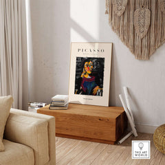 Picasso Seated Woman Cubist Portrait Art Print Modern Gallery Artwork Poster displayed in a cozy living room setting.