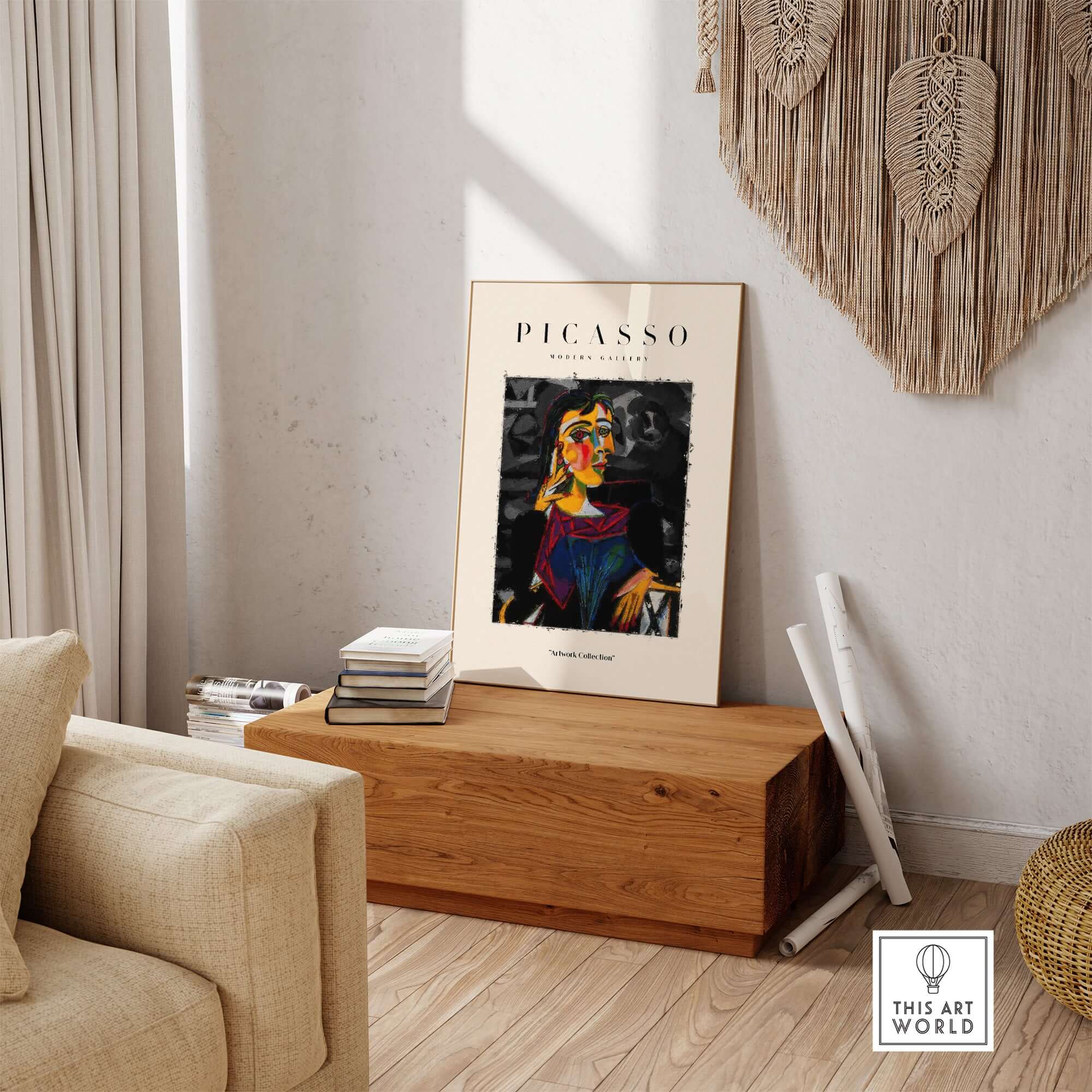 Picasso Seated Woman Cubist Portrait Art Print Modern Gallery Artwork Poster displayed in a cozy living room setting.