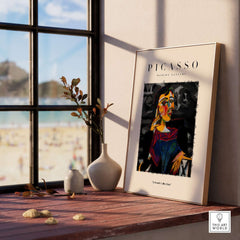 Picasso Seated Woman Cubist Portrait Art Print Modern Gallery Artwork Poster displayed in a bright room near a window.