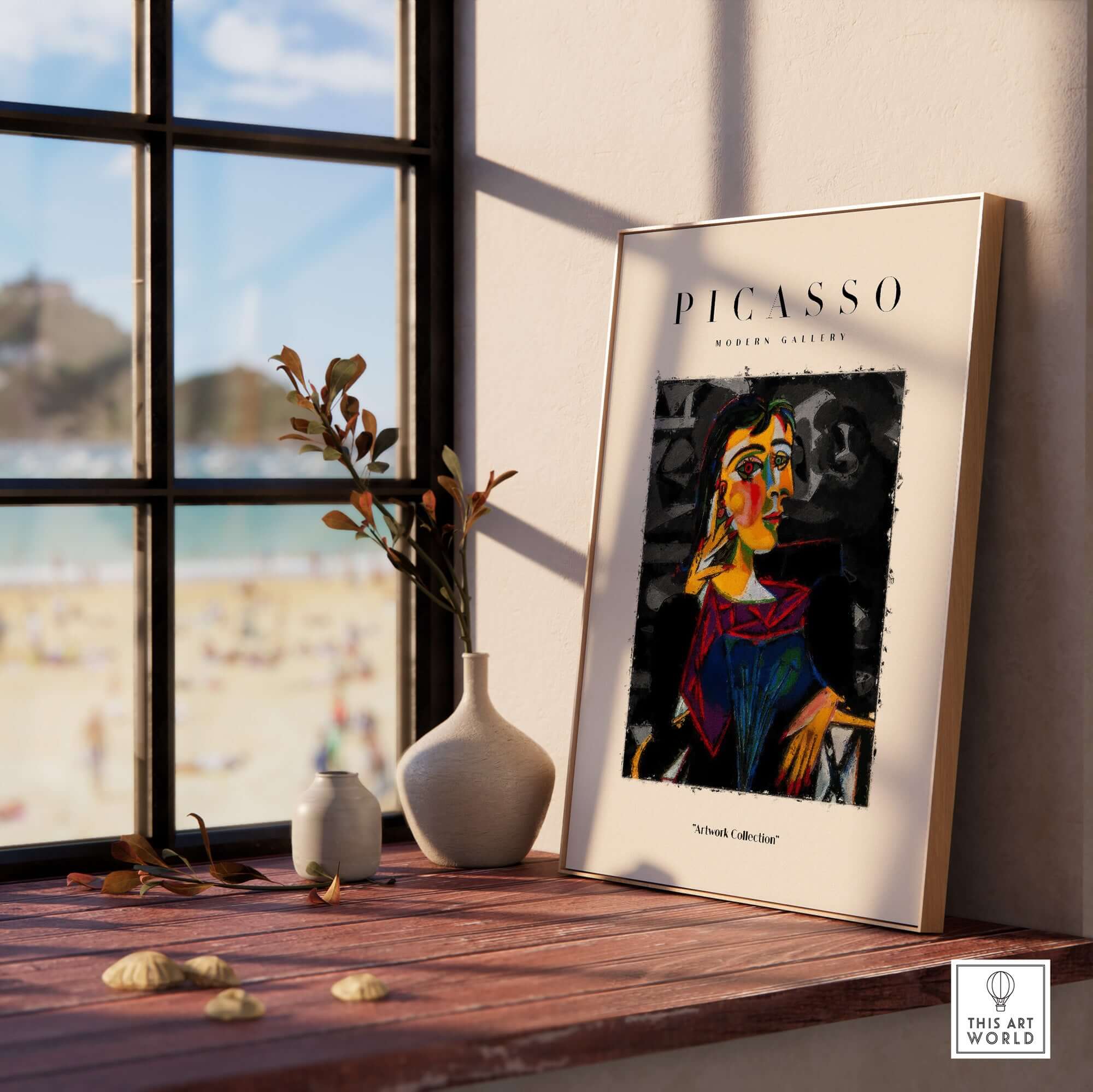 Picasso Seated Woman Cubist Portrait Art Print Modern Gallery Artwork Poster displayed in a bright room near a window.