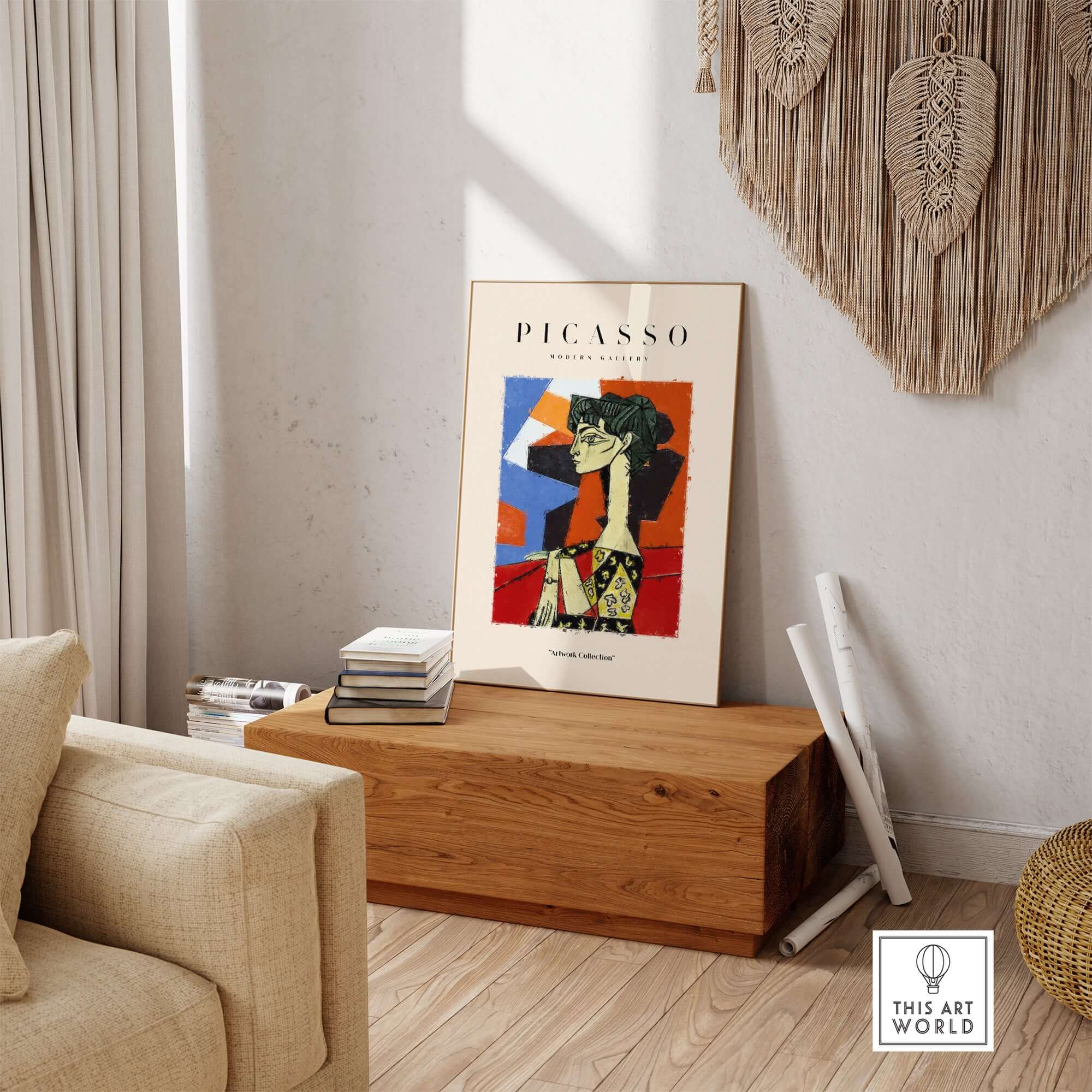 Picasso Seated Woman Profile Cubist Art Print Patterned Dress Poster Artwork Collection displayed in a modern living room.