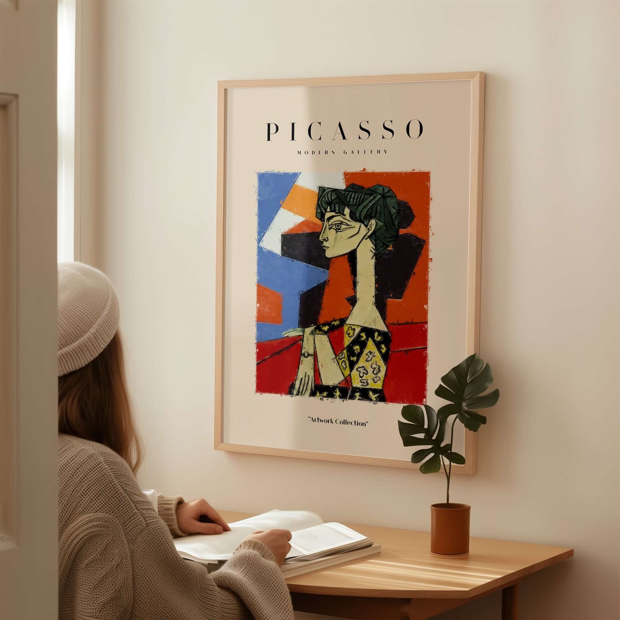 Picasso Seated Woman Profile Cubist Art Print Patterned Dress Poster Artwork Collection displayed on wall