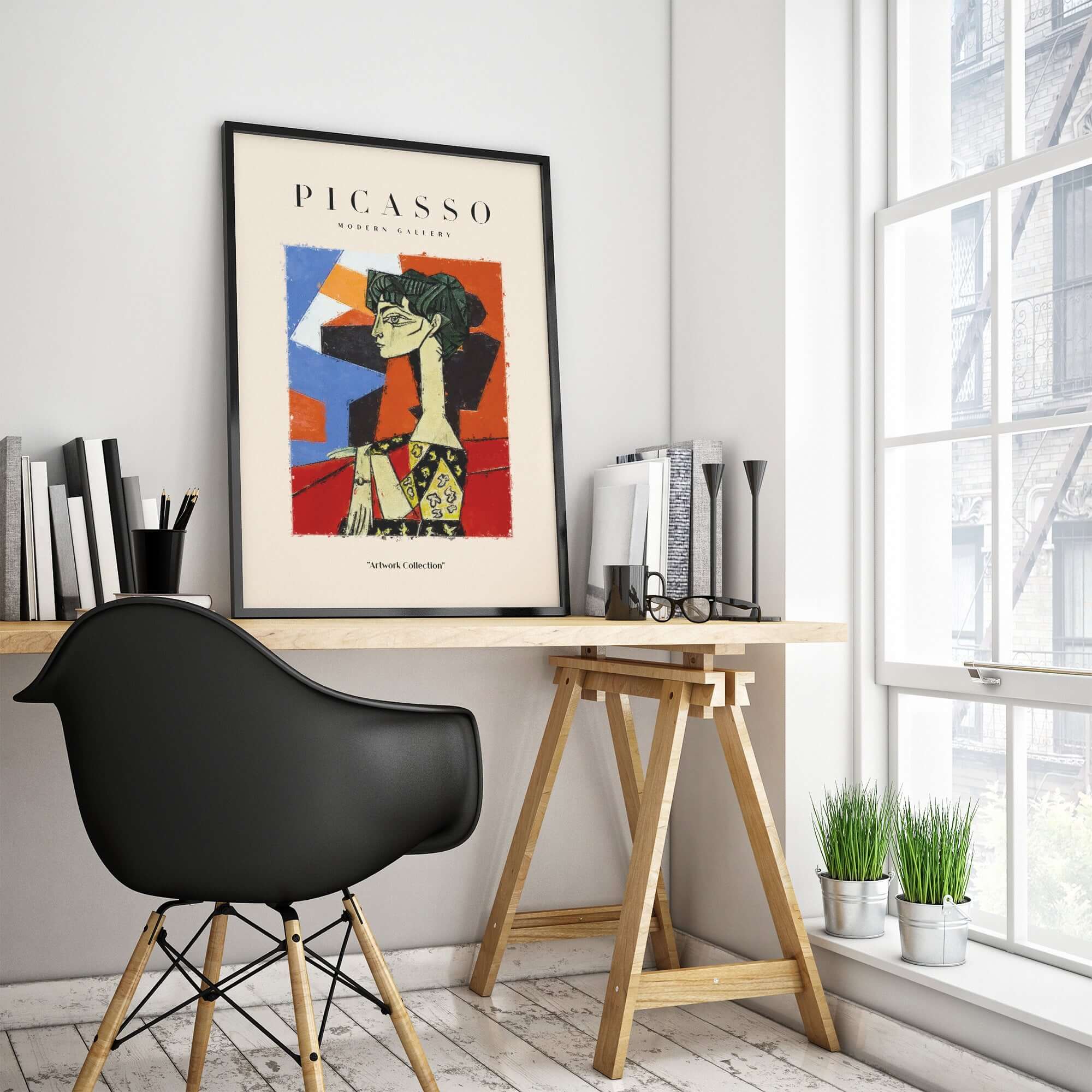 Picasso Seated Woman Profile Cubist Art Print Patterned Dress Poster Artwork Collection displayed in modern home office