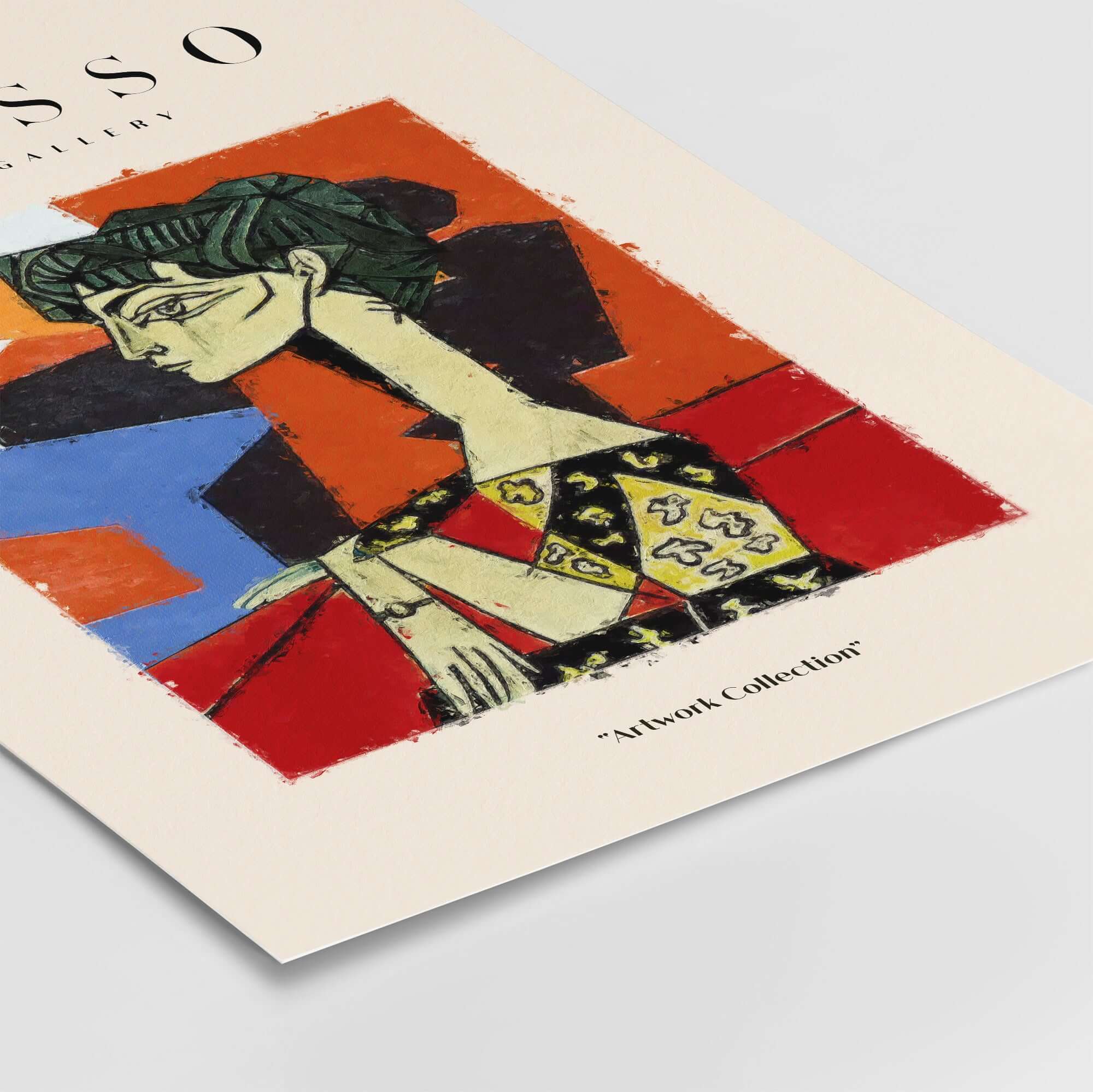 Picasso Seated Woman Profile Cubist Art Print Patterned Dress Poster Artwork Collection featuring a seated woman in profile.