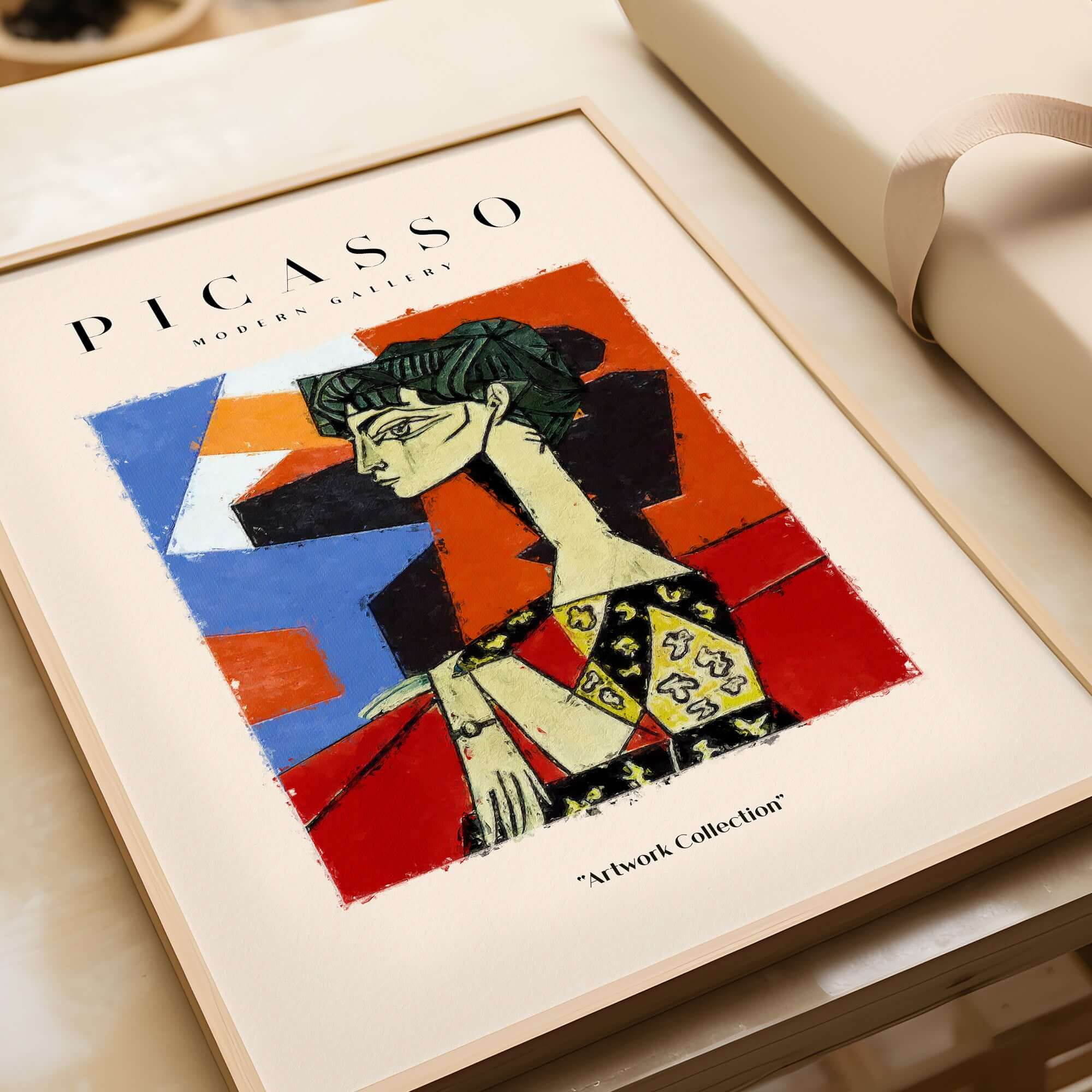 Picasso Seated Woman Profile Cubist Art Print Patterned Dress Poster Artwork Collection displayed in a frame.