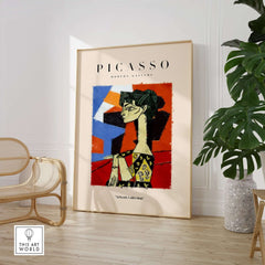 Picasso Seated Woman Profile Cubist Art Print Patterned Dress Poster Artwork Collection displayed in modern interior setting.