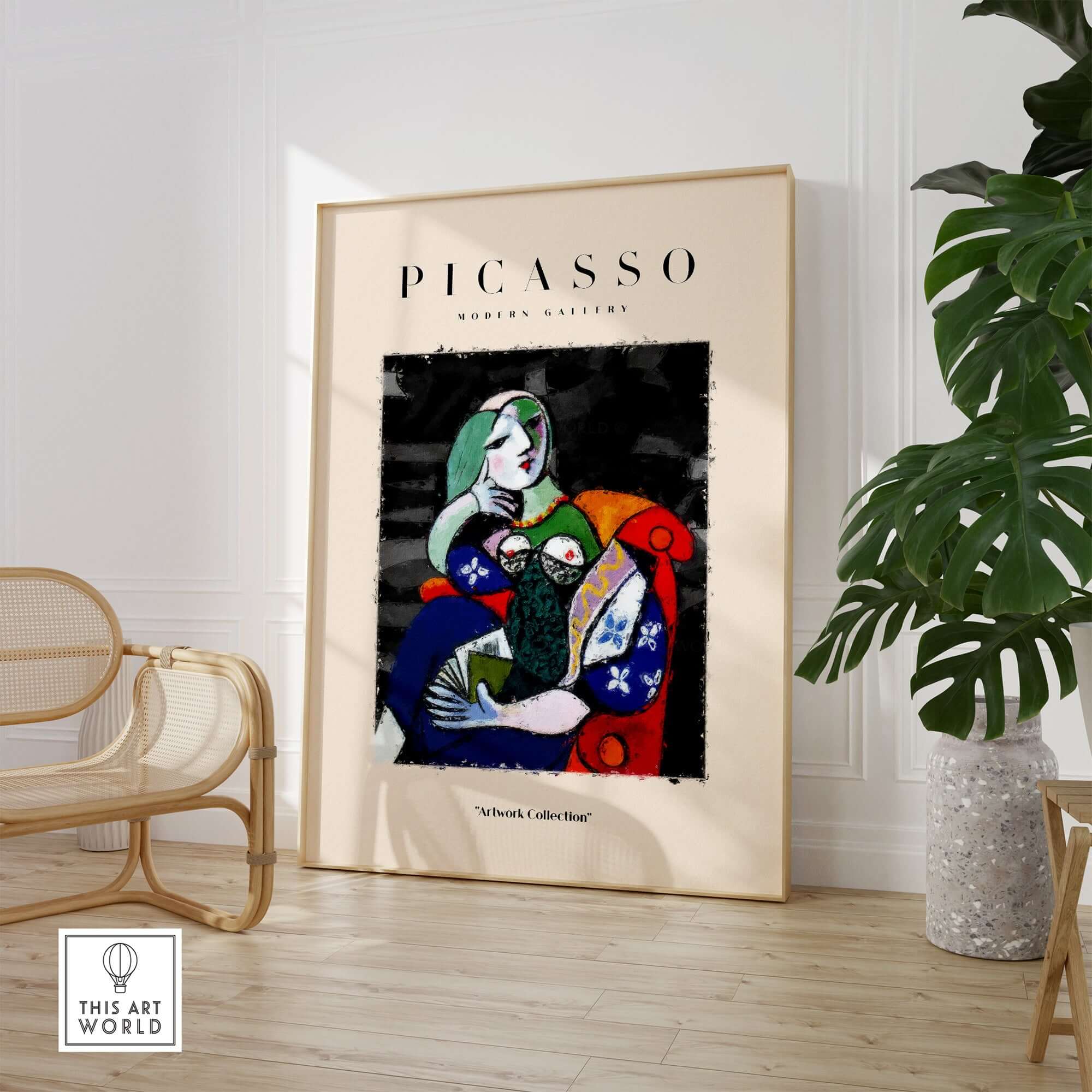 Picasso Seated Woman Reading Abstract Figure Art Print Modern Gallery Artwork Poster displayed in a modern interior setting.
