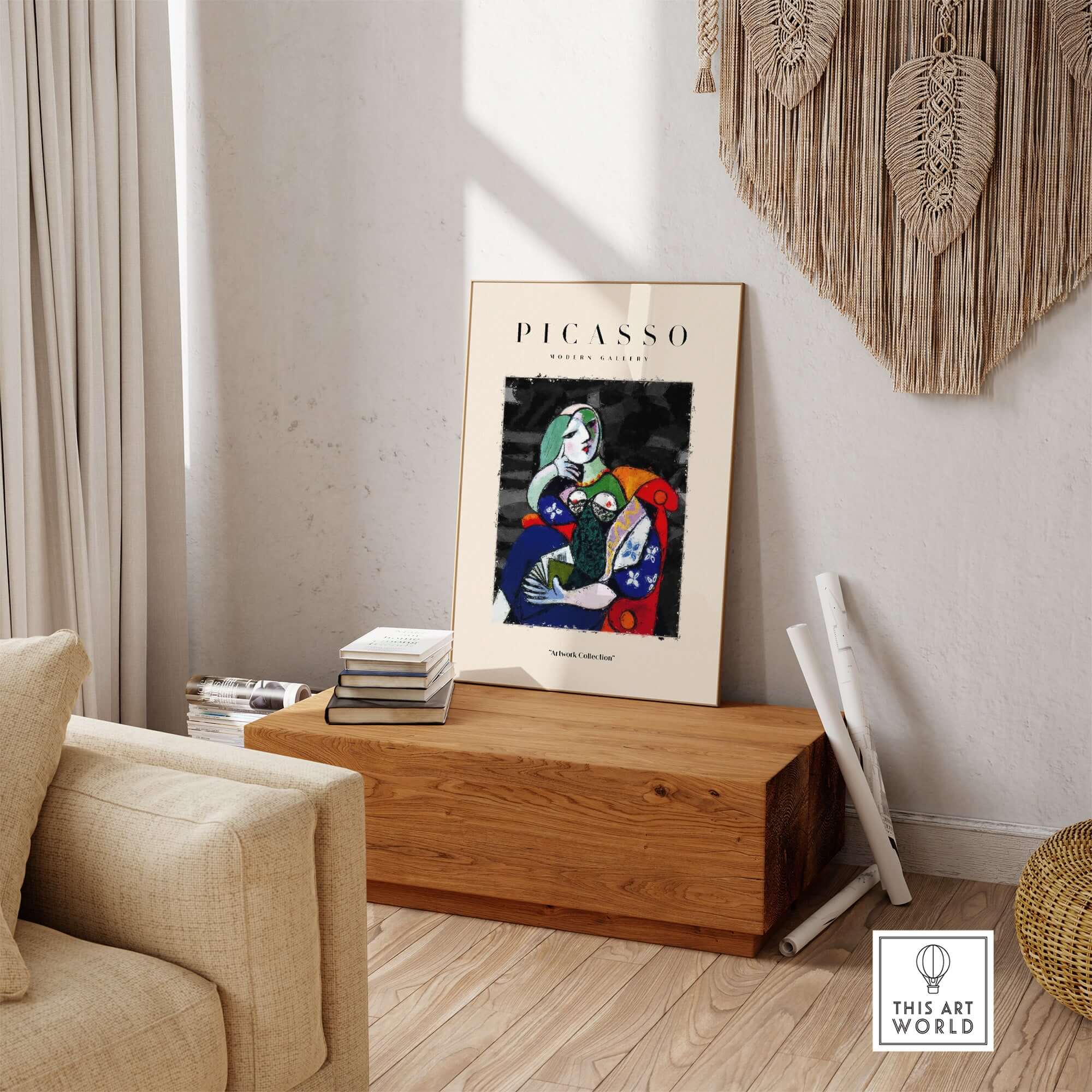 Picasso Seated Woman Reading Abstract Figure Art Print Modern Gallery Artwork Poster displayed in a stylish living room.