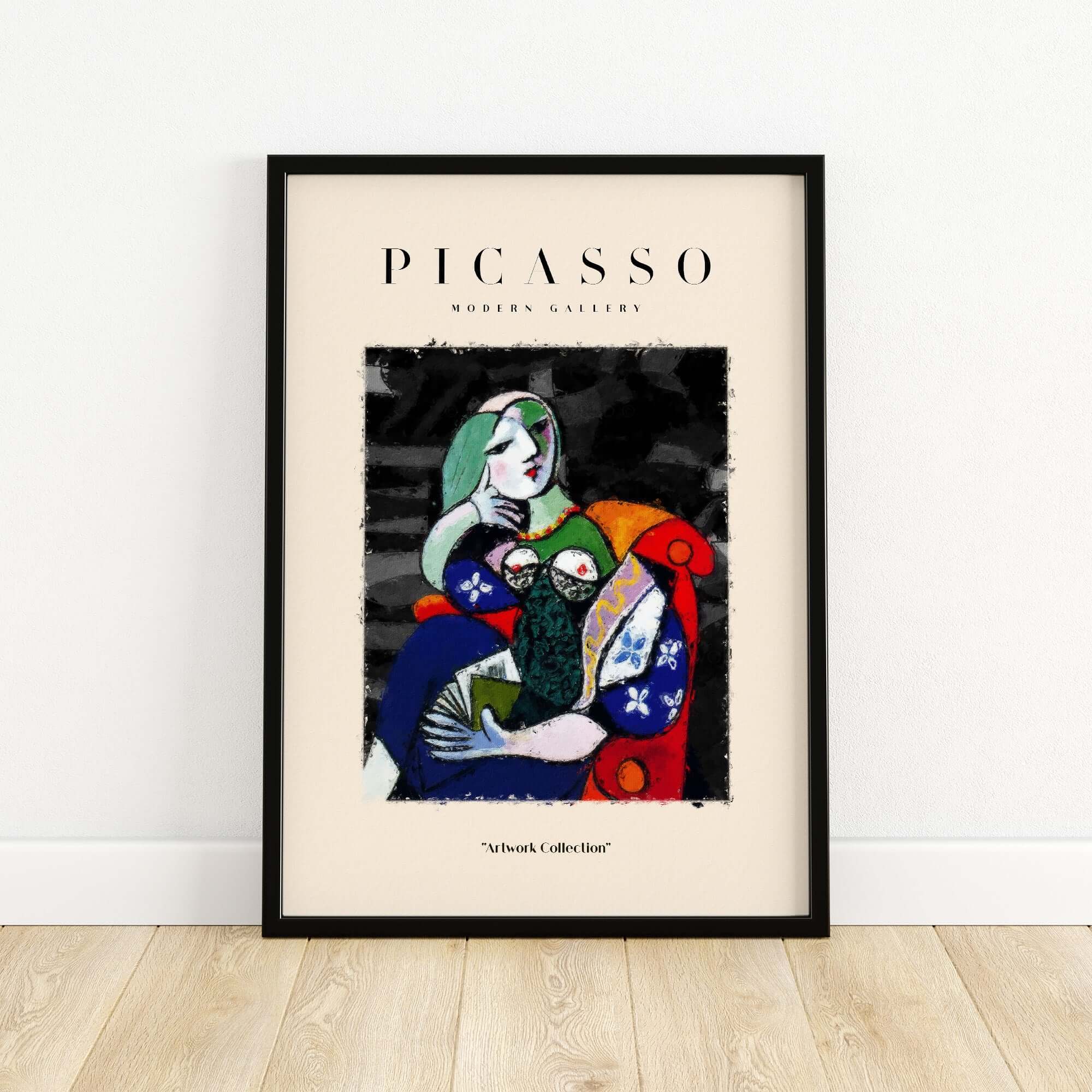 Picasso Seated Woman Reading Abstract Figure Art Print Modern Gallery Artwork Poster framed poster on wooden floor.