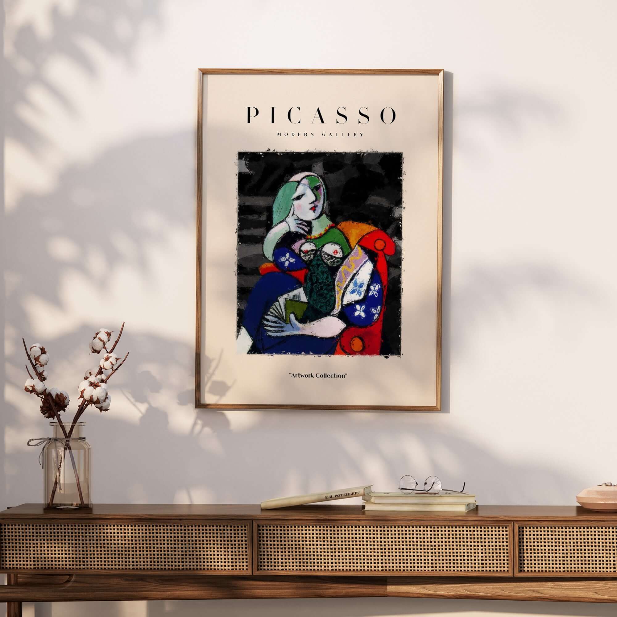 Picasso Seated Woman Reading Abstract Figure Art Print Modern Gallery Artwork Poster displayed on a wall.
