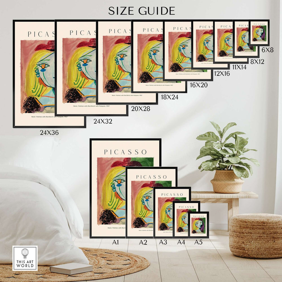 Size guide showcasing various frame sizes for Picasso art prints in a colorful living room setting.