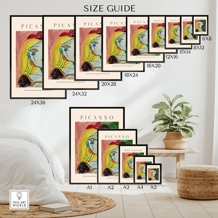 Size guide showcasing various frame sizes for Picasso art prints in a colorful living room setting.