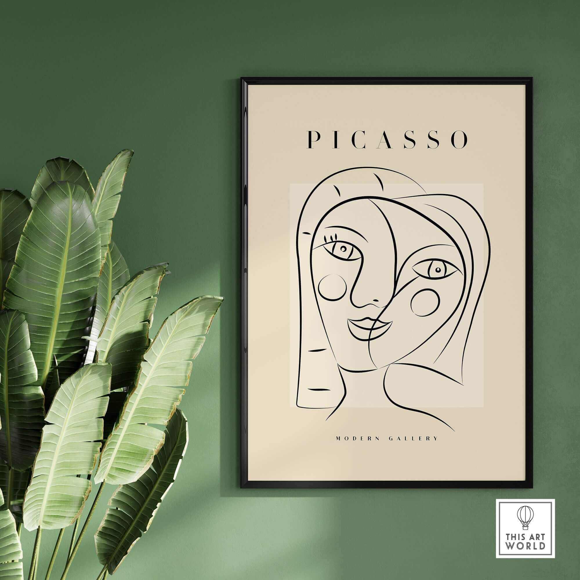 Picasso Smiling Double Face Abstract Portrait Line Art Modern Gallery Poster Print in a stylish frame with greenery.