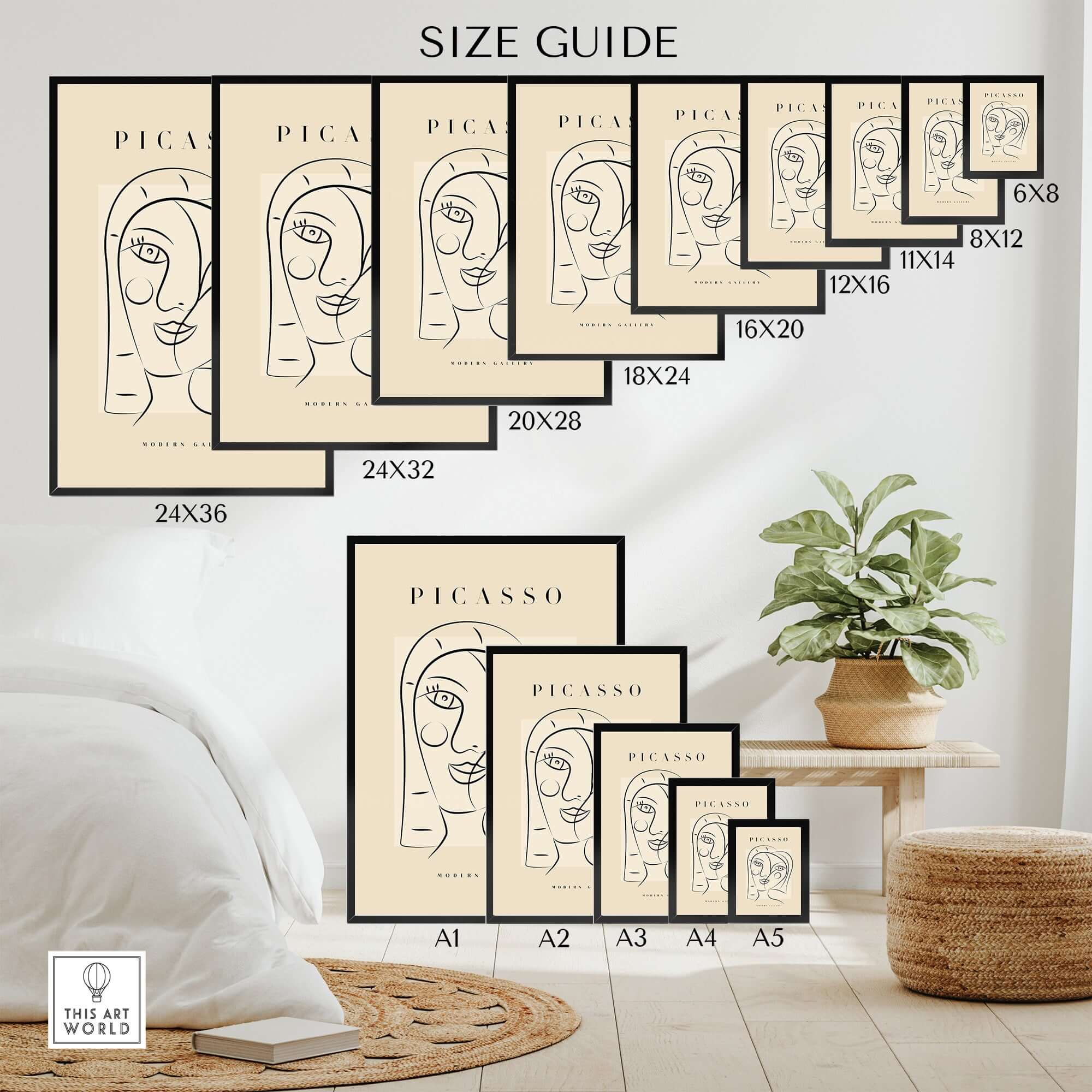 Picasso Smiling Double Face Abstract Portrait Line Art Modern Gallery Poster Print size guide showcasing different dimensions.