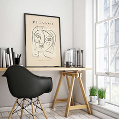 Picasso Smiling Double Face Abstract Portrait Line Art Modern Gallery Poster Print displayed in a stylish home office.