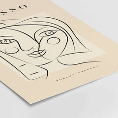 Picasso Smiling Double Face Abstract Portrait Line Art Modern Gallery Poster Print on beige canvas.
