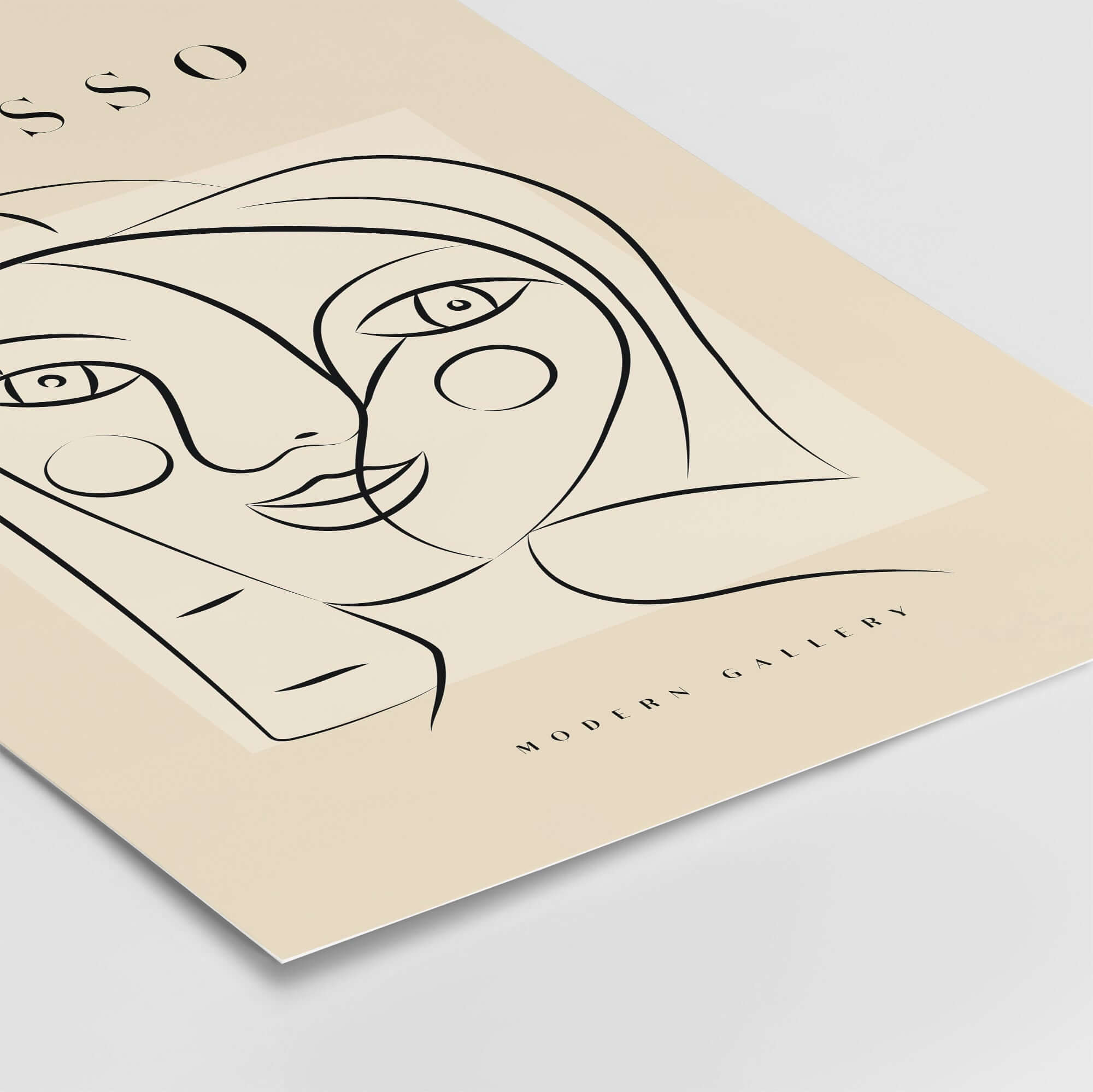 Picasso Smiling Double Face Abstract Portrait Line Art Modern Gallery Poster Print on beige canvas.
