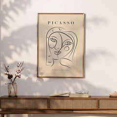 Picasso Smiling Double Face Abstract Portrait Line Art Modern Gallery Poster Print showcased on a wall with decor.