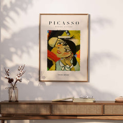 Picasso Smiling Woman Abstract Portrait Poster Cubist Style Artwork Print Modern Gallery displayed on a wall.
