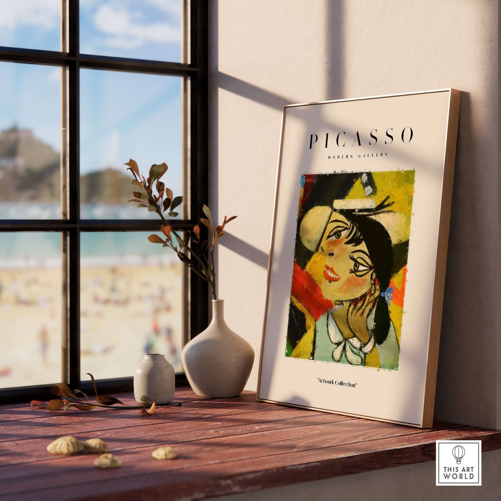 Picasso Smiling Woman Abstract Portrait Poster Cubist Style Artwork Print Modern Gallery displayed in a sunny room.