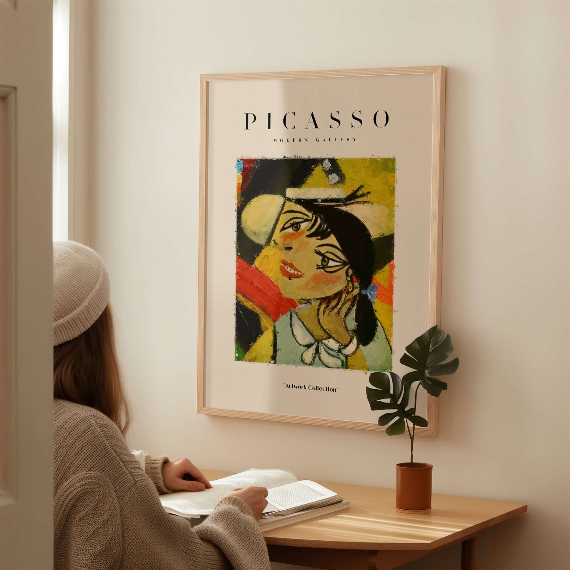 Picasso Smiling Woman Abstract Portrait Poster Cubist Style Artwork Print Modern Gallery hanging on a wall.