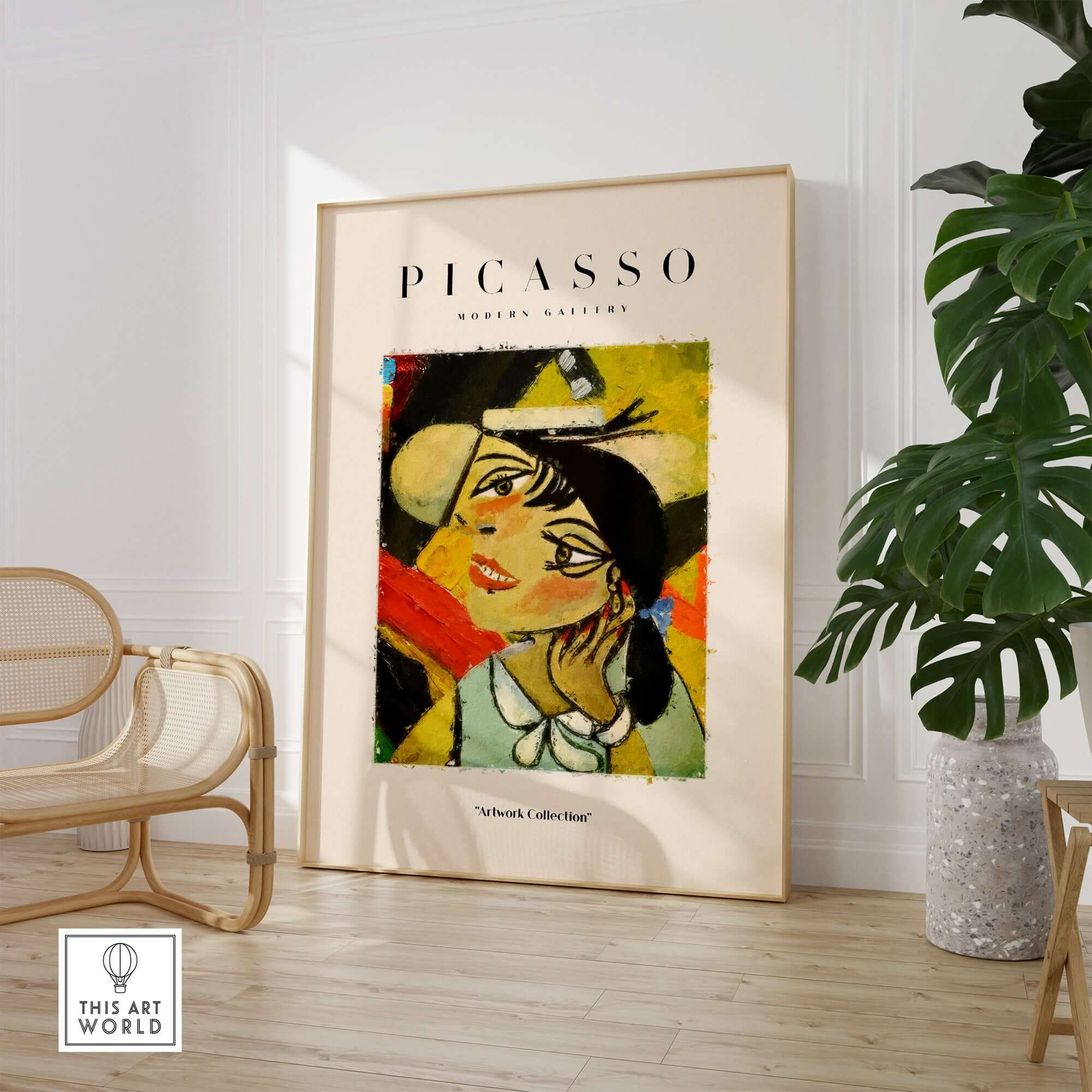 Picasso Smiling Woman Abstract Portrait Poster Cubist Style Artwork Print Modern Gallery displayed in stylish interior