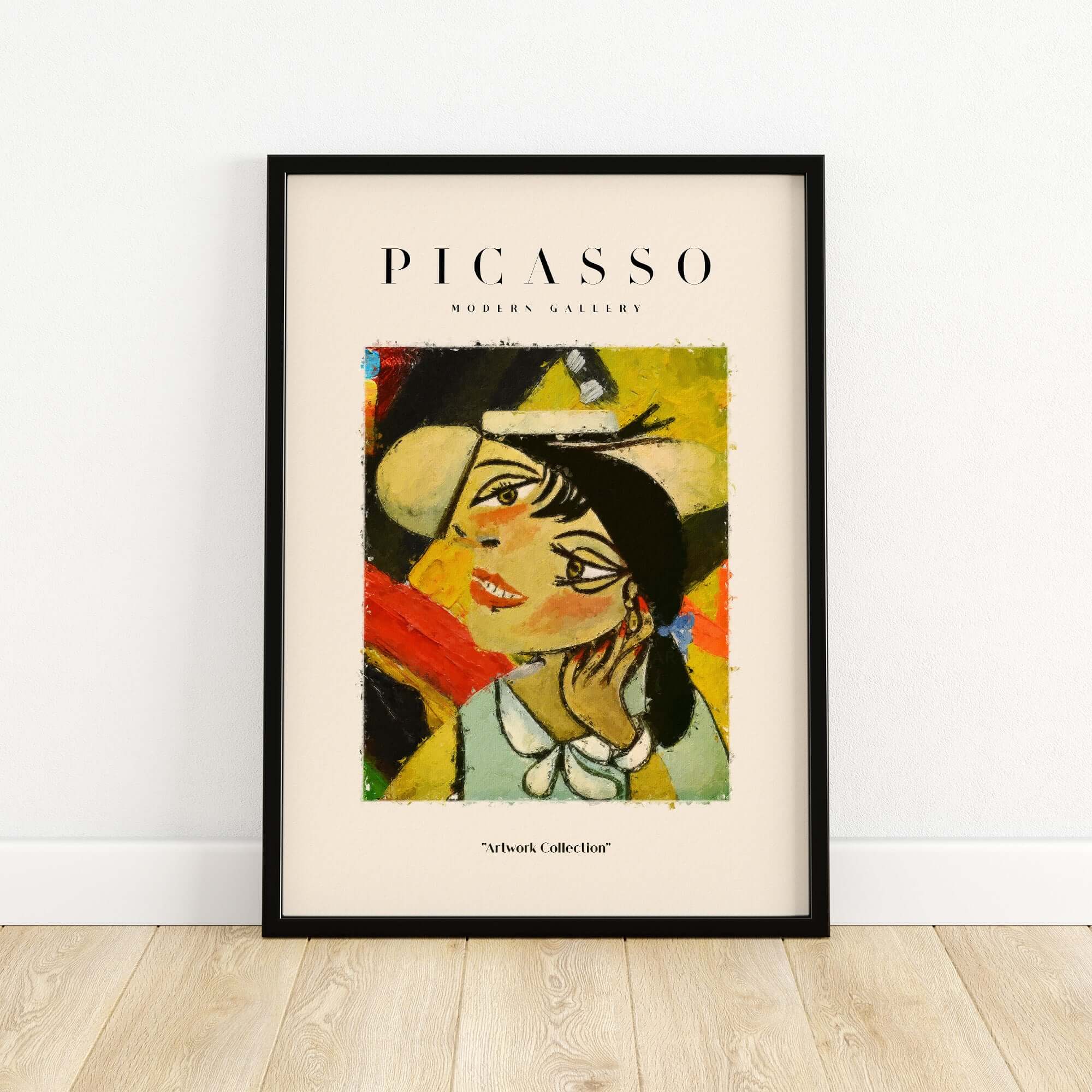Picasso Smiling Woman Abstract Portrait Poster Cubist Style Artwork Print Modern Gallery displayed in a black frame.
