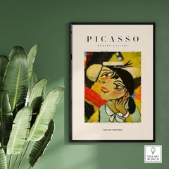 Picasso Smiling Woman Abstract Portrait Poster Cubist Style Artwork Print Modern Gallery displayed against a green wall.