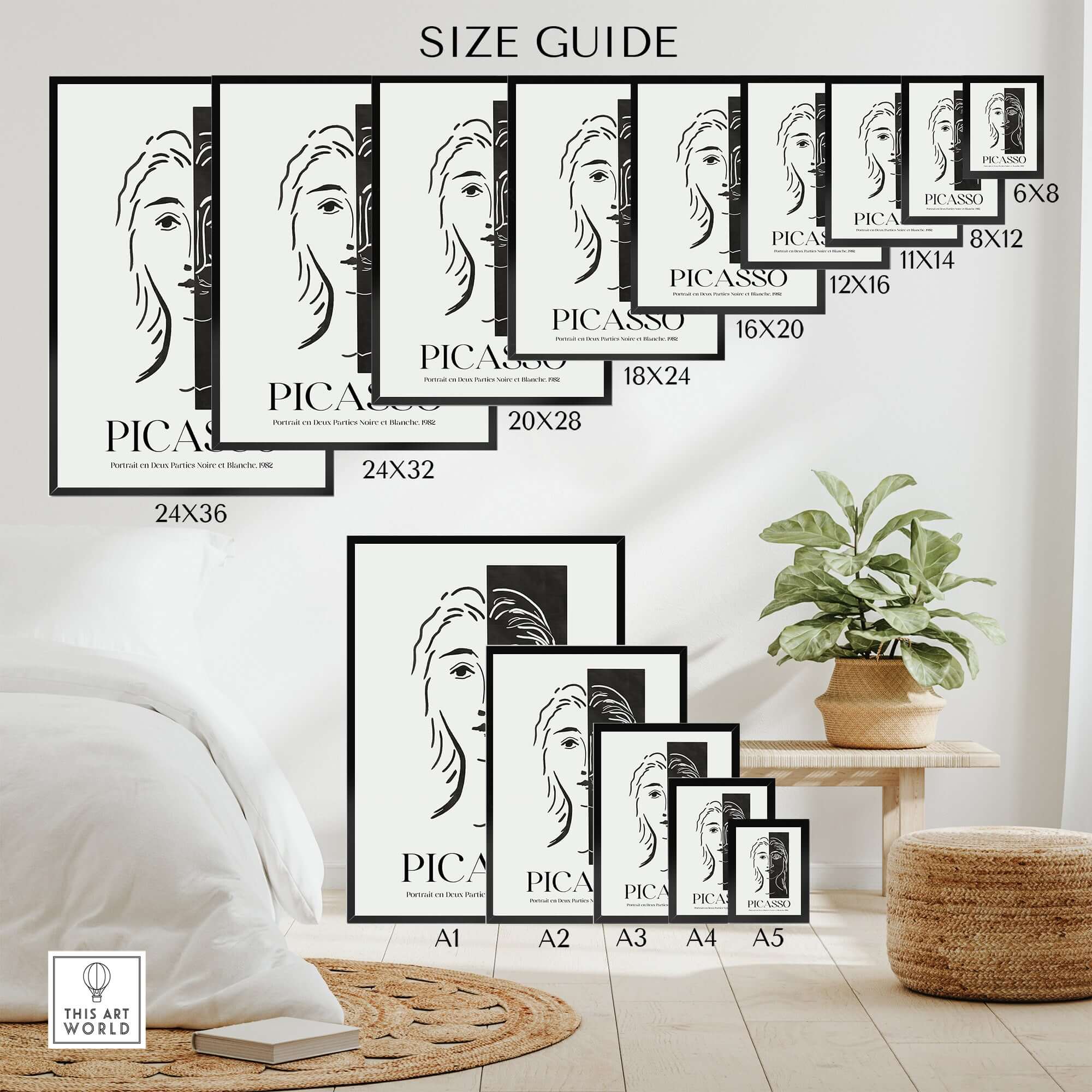Size guide for Picasso Portrait Deux Parties Black White Split Face Art Print Poster in various dimensions.