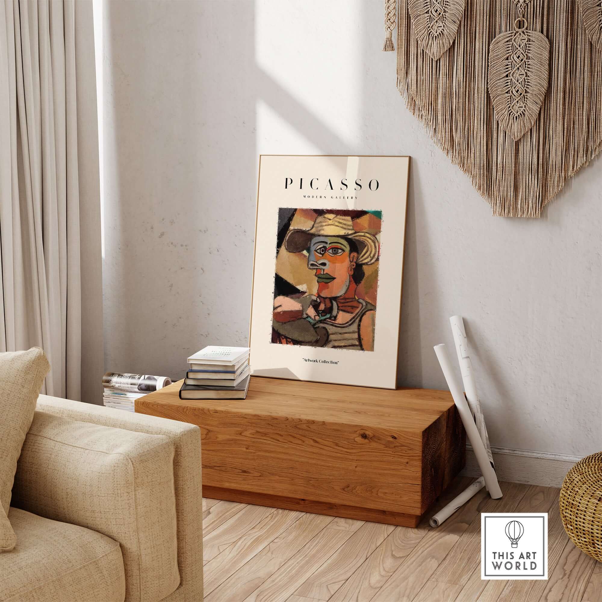 Picasso Man Straw Hat Abstract Portrait Art Print Cubist Poster Artwork Collection displayed in modern rustic setting.