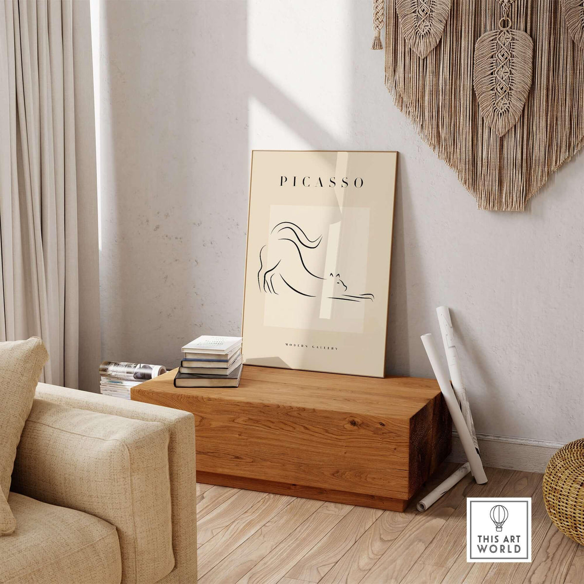 Picasso Stretching Cat Line Art Minimalist Animal Poster Modern Gallery Print Wall Art displayed in a stylish room.