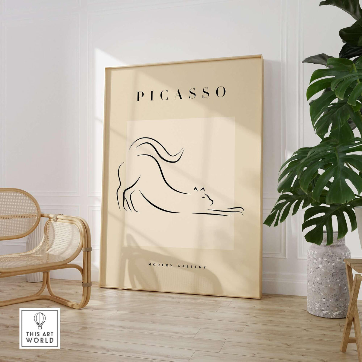 Picasso Stretching Cat Line Art Minimalist Animal Poster Modern Gallery Print Wall Art displayed in a modern living space.