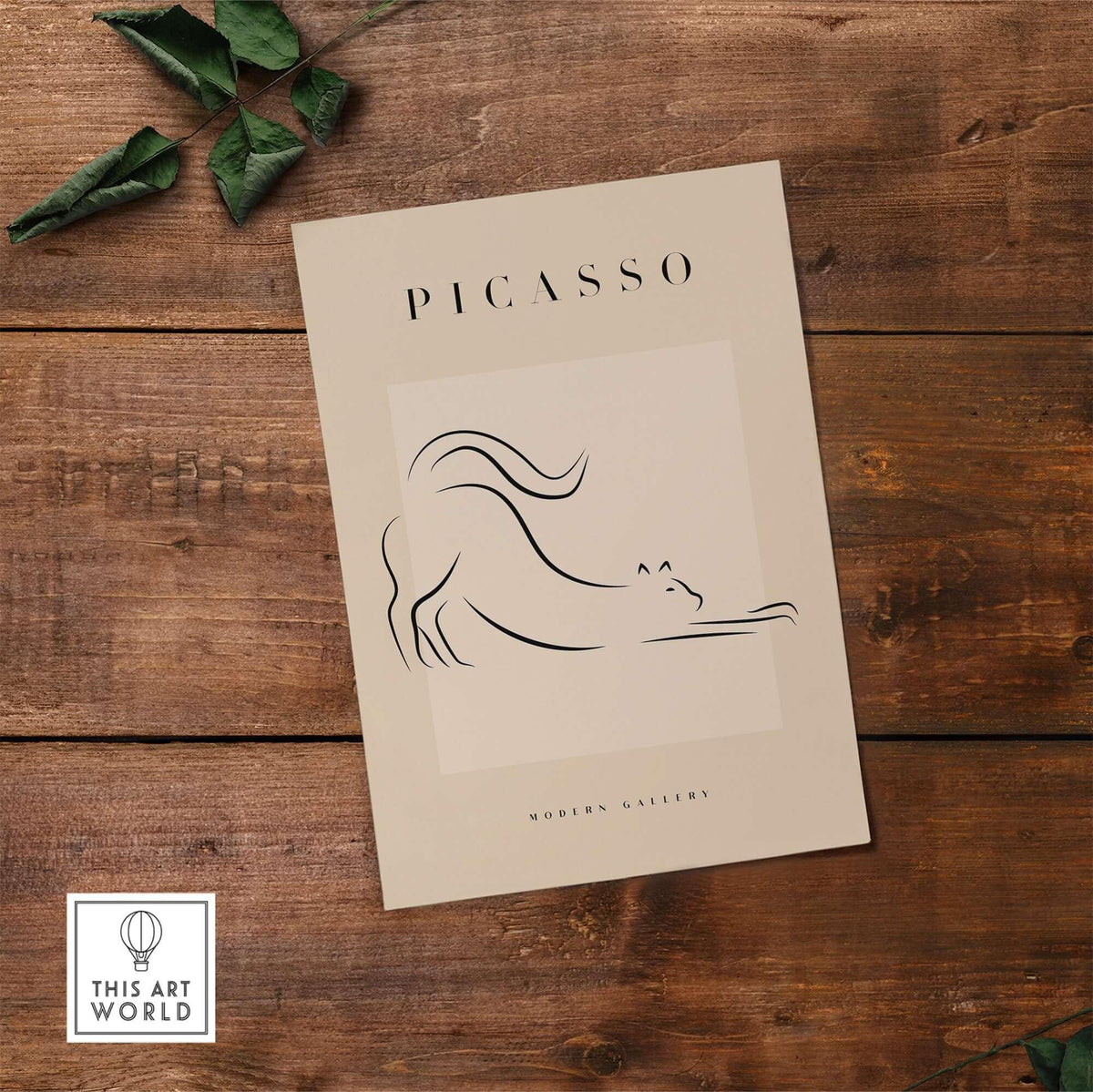 Picasso Stretching Cat Line Art Minimalist Animal Poster Modern Gallery Print Wall Art on wooden table with leaves