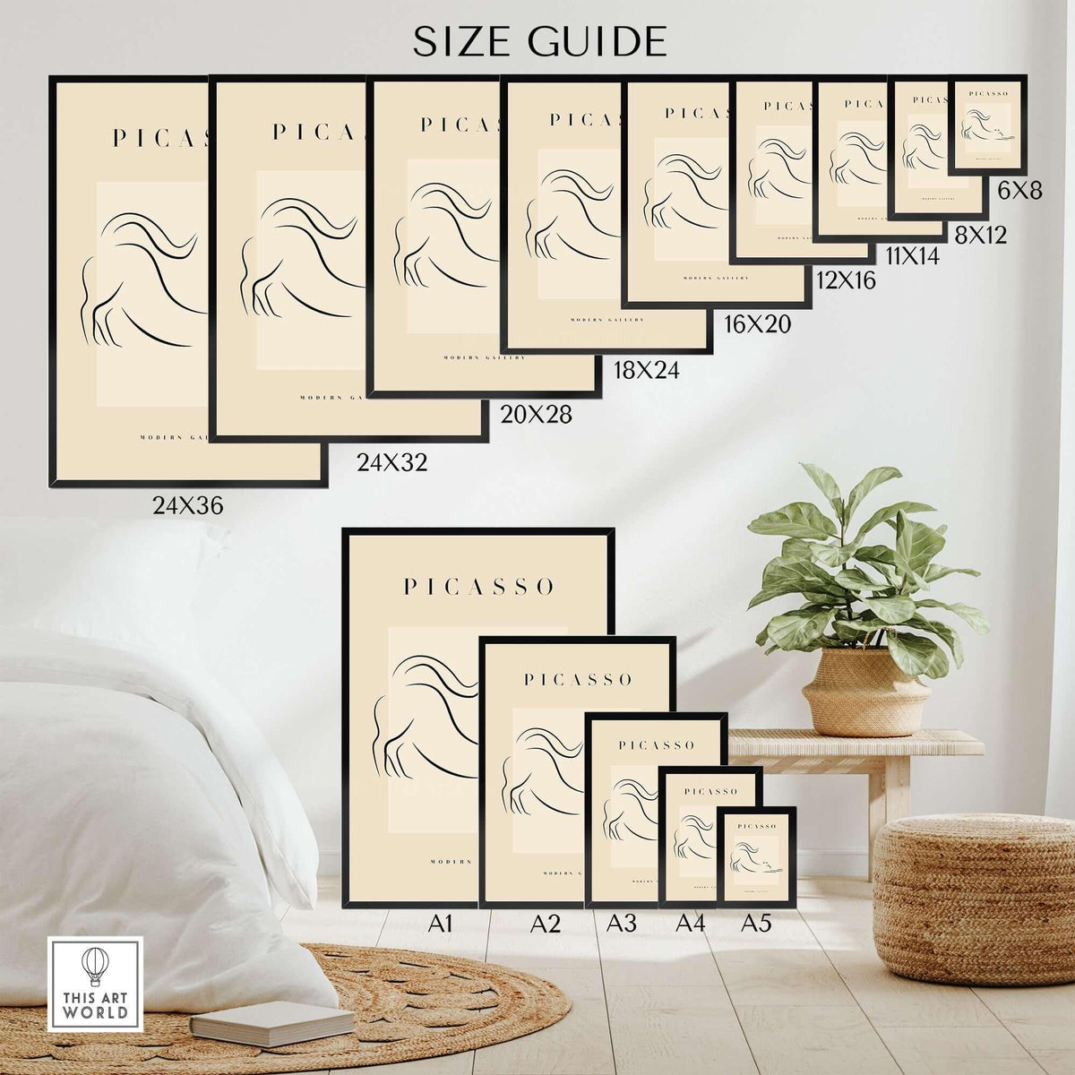 Size guide for Picasso Stretching Cat Line Art Minimalist Animal Poster Modern Gallery Print Wall Art in various dimensions.