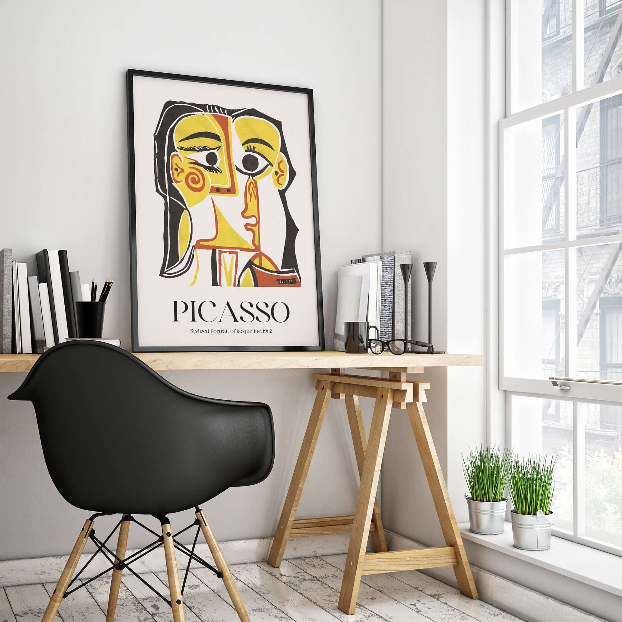 Picasso Stylized Portrait Jacqueline 1962 Abstract Art Print Yellow Red Poster displayed in a modern workspace.