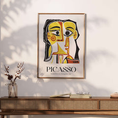 Picasso Stylized Portrait Jacqueline 1962 Abstract Art Print Yellow Red Poster displayed in a modern living space.