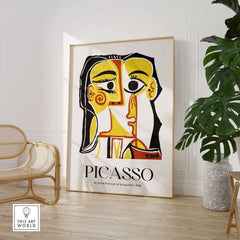 Picasso Stylized Portrait Jacqueline 1962 Abstract Art Print Yellow Red Poster in modern interior setting