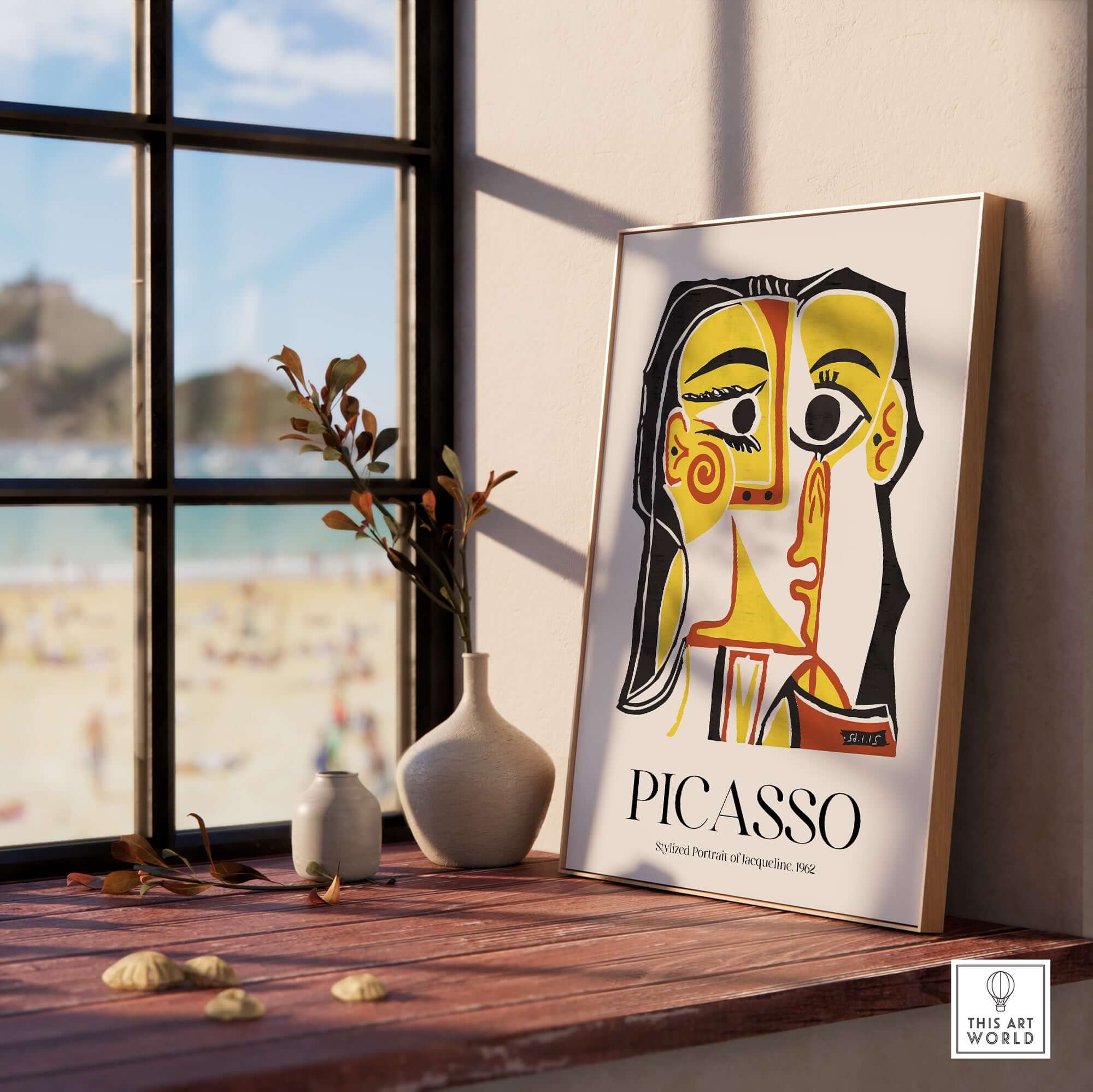 Picasso Stylized Portrait Jacqueline 1962 Abstract Art Print Yellow Red Poster displayed on a wooden shelf by a window.