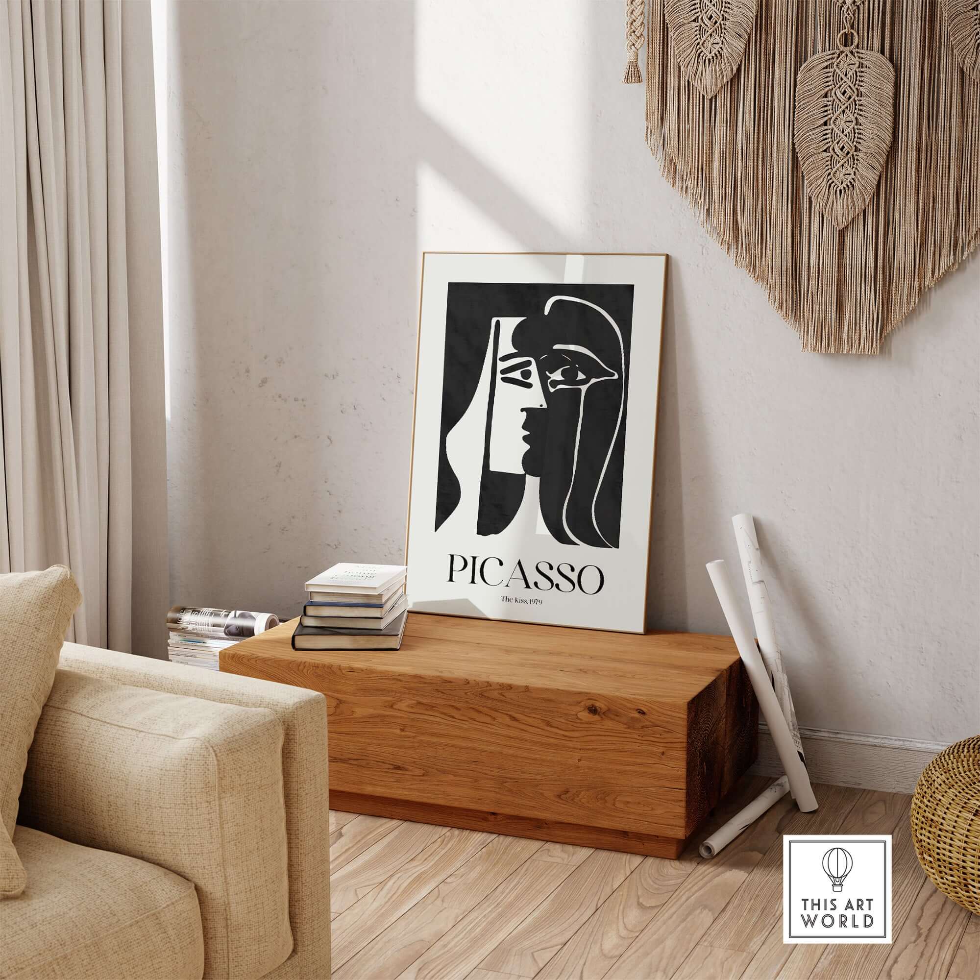 Picasso The Kiss 1979 Black White Abstract Profile Poster Art Print Wall Decor displayed in a modern living room.